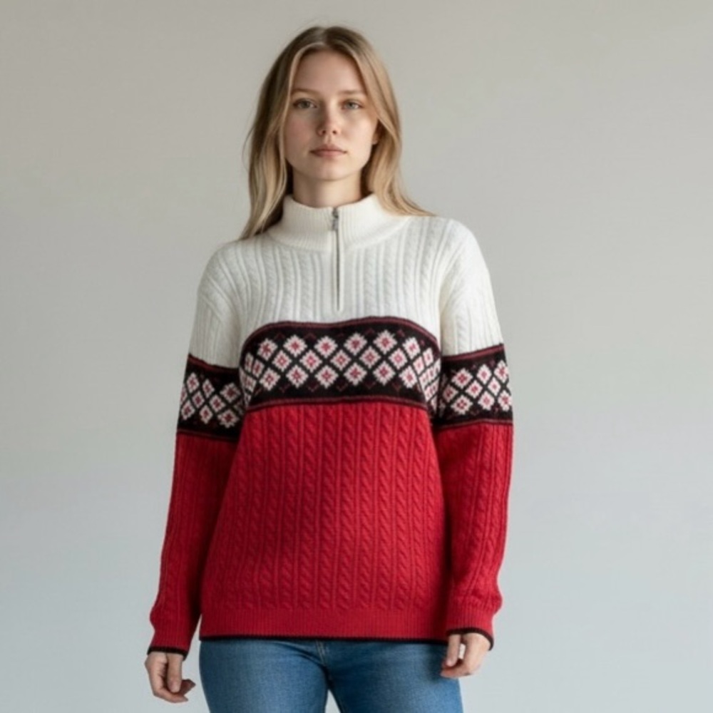 Liz Claiborne Liz Gulf 1/2 Zipper Knit Red Black White Argyle Sweater